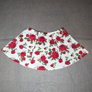 Chic Floral Red & White Rose Pattern Skater Skirt Poly Blend